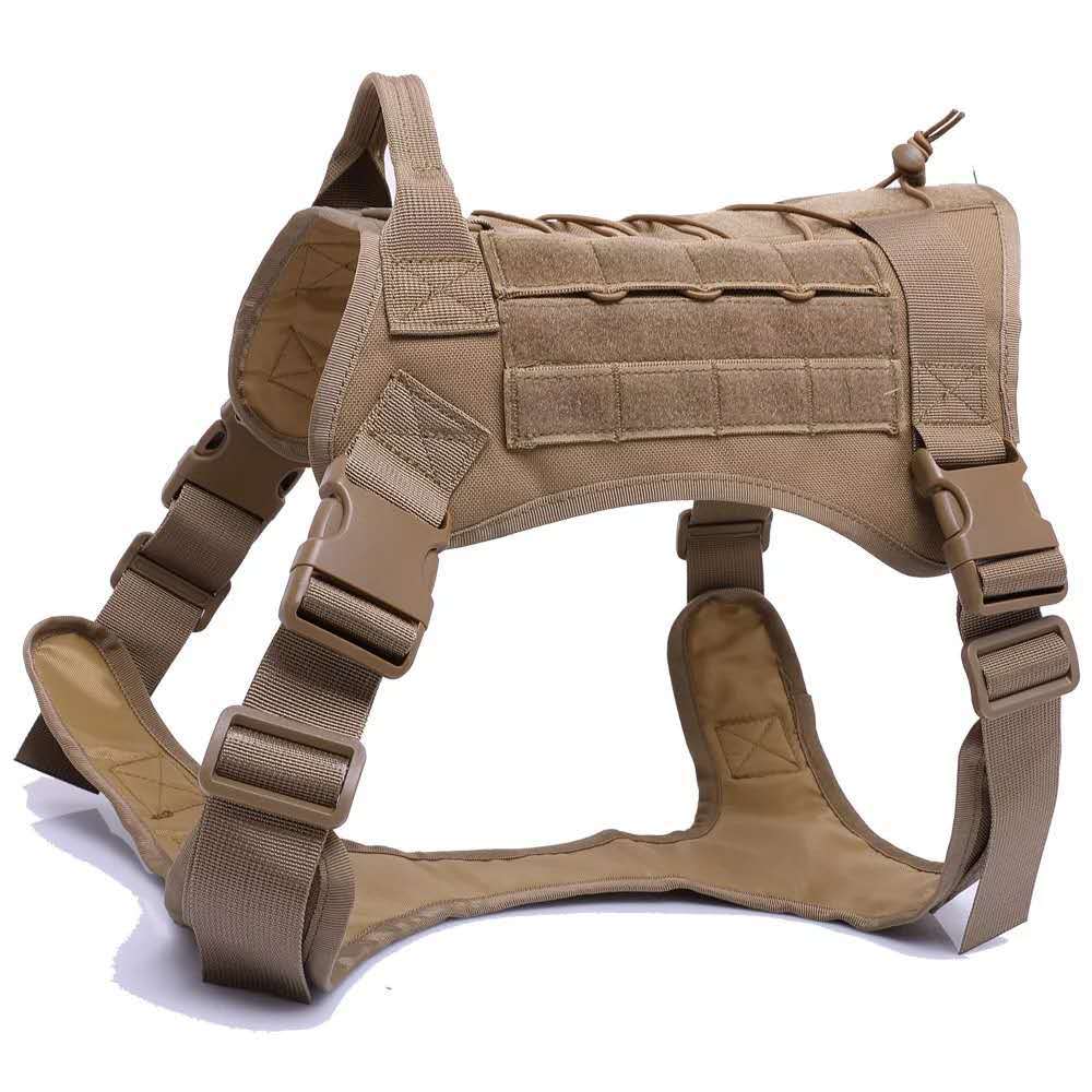 Camouflage tactical dog vest harness on a dog