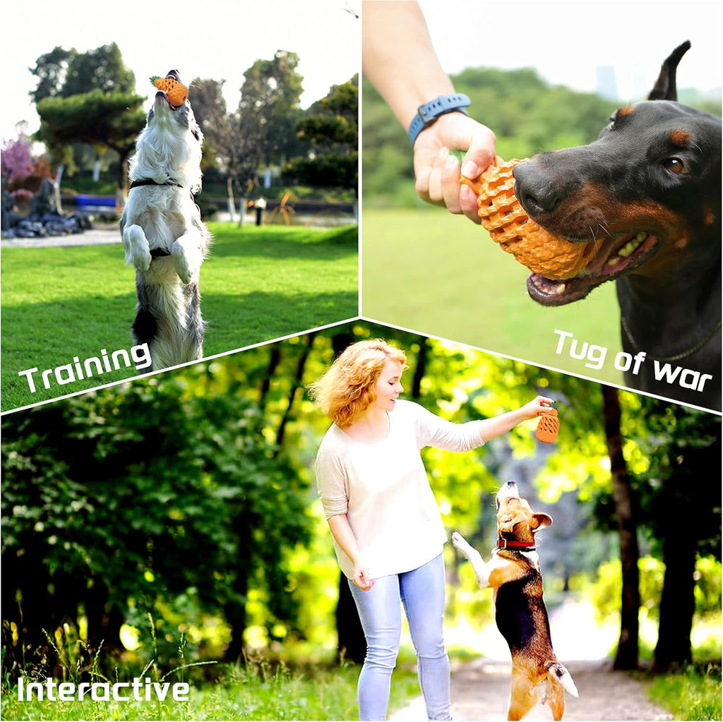 Rubber pineapple dog toy shown in different size