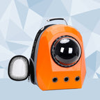 Pet carrier backpack with pet inside, viewed through transparent window