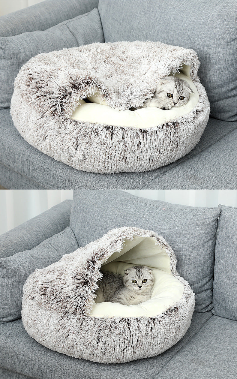 Grey semi-enclosed pet bed with fluffy plush interior