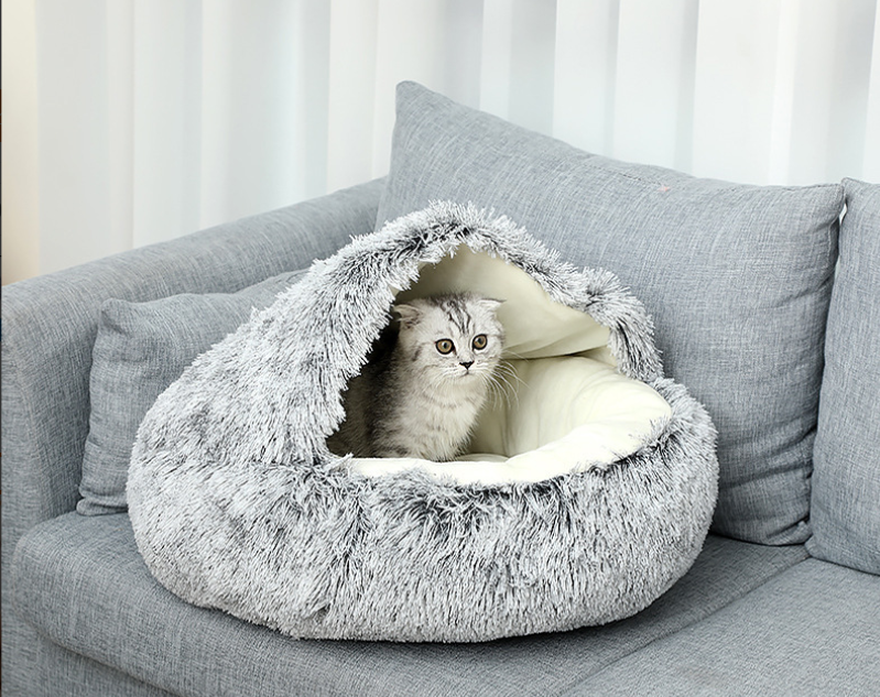 Grey long-haired plush semi-enclosed shell pet bed