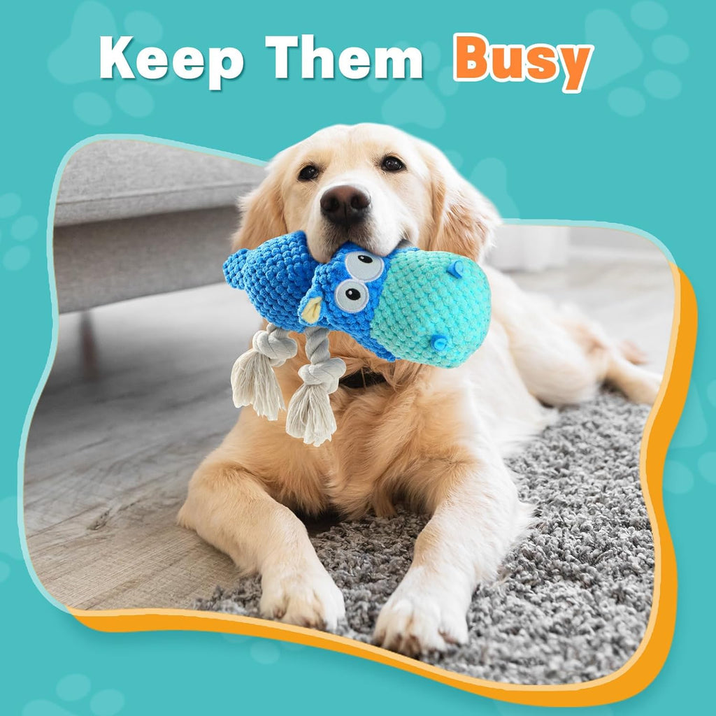 Plush dog toy showing reinforced seams and stitching