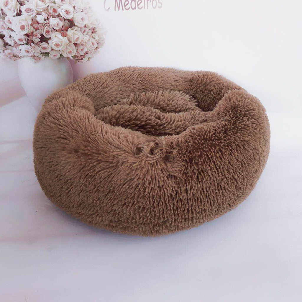 Round plush pet bed for small dogs and cats