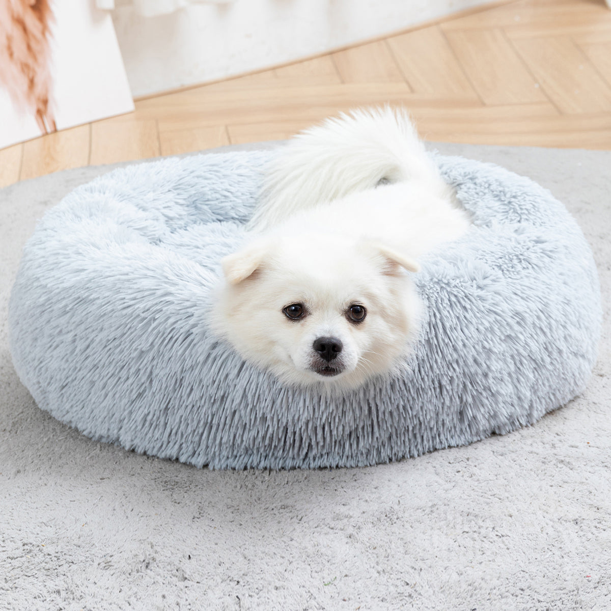 Fluffy Donut Dog Bed with pet resting inside