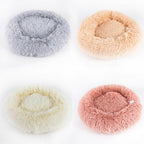 Round plush pet bed shown in tiedye sky blue