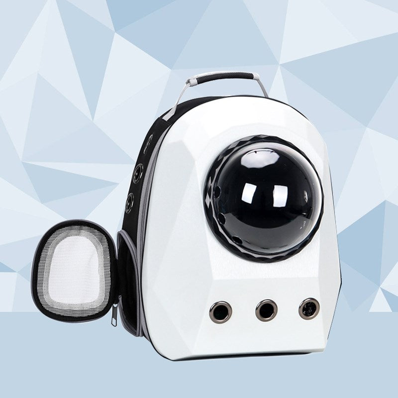 Side view of black pet carrier backpack showing ventilation holes