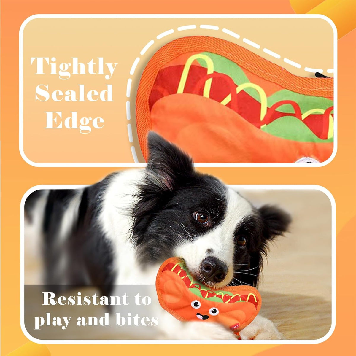 Crinkle squeaky dog toy shown in Hot Dog style