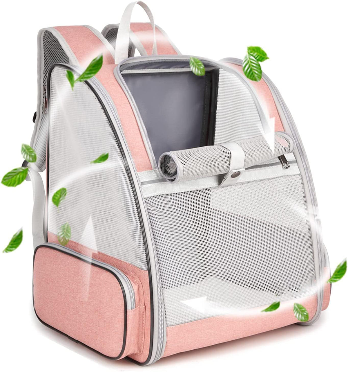 Pet backpack carrier side view showing mesh panel