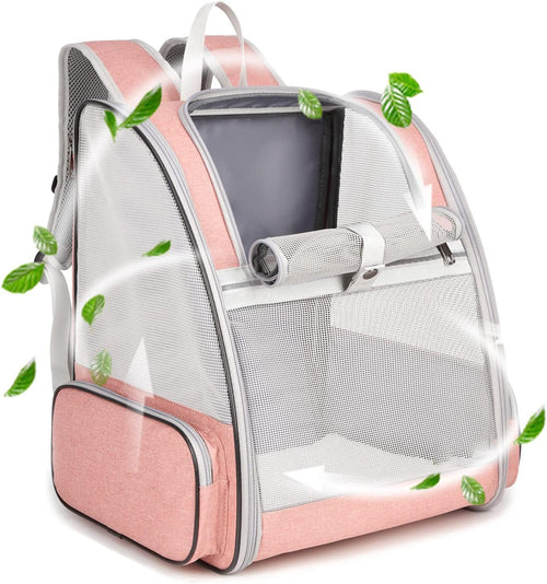 Pet backpack carrier side view showing mesh panel