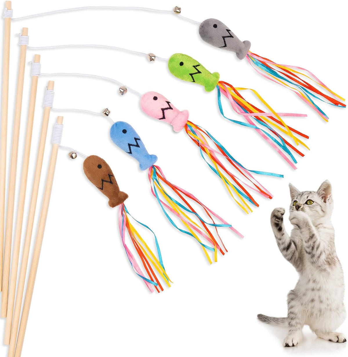 Cat wand toy with colorful ribbons and bell