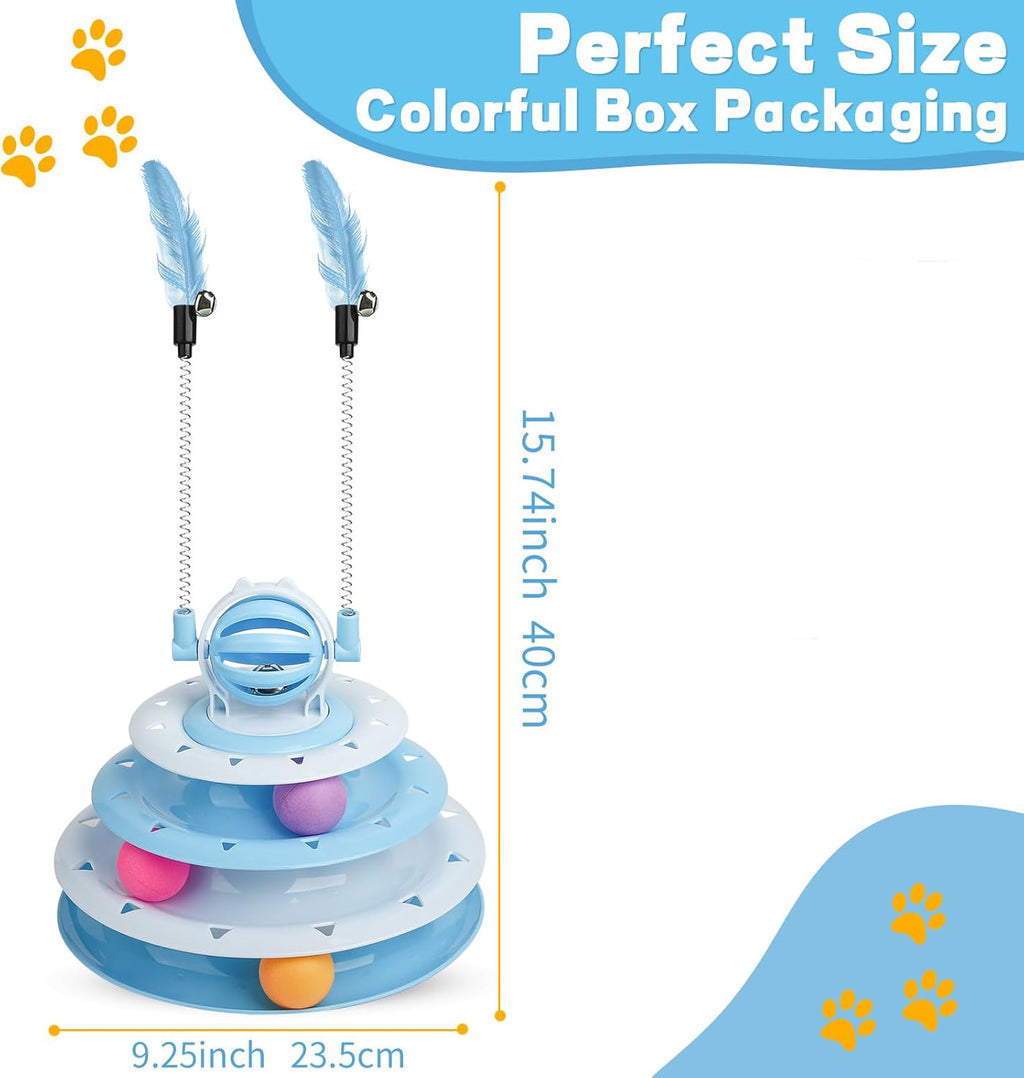 Cat toy with bell ball and teasing rods on top tier