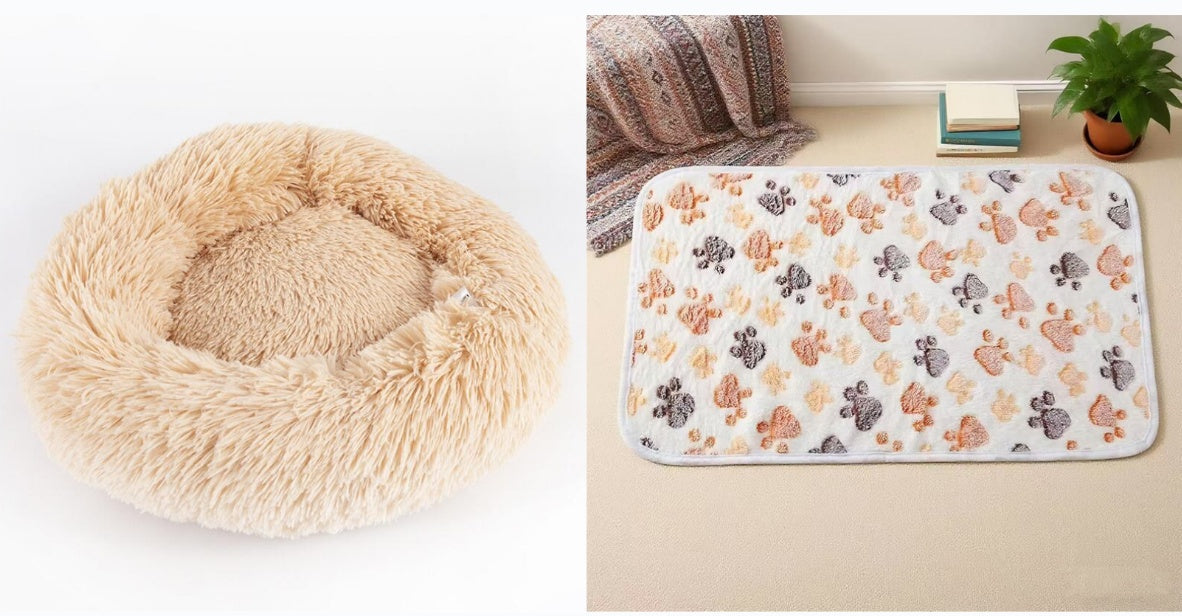Plush pet bed shown in light gray