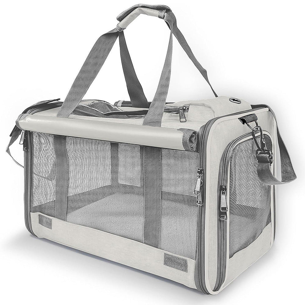 Pet carrier shown in pink color option