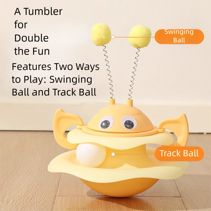 Cat toy tower showing the 3-layer track ball structure