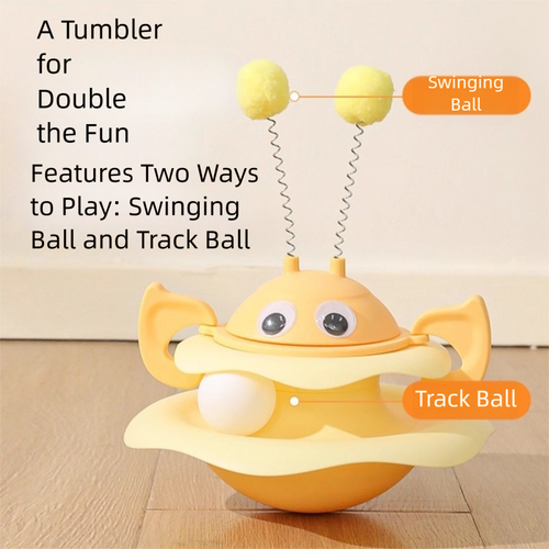 Cat toy tower showing the 3-layer track ball structure