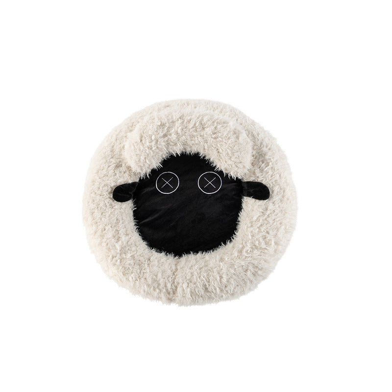 Round winter warm lamb cat bed, side view