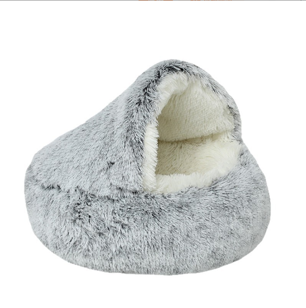 Light gray long-haired plush semi-enclosed shell pet bed