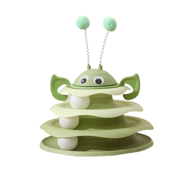 Cat toy tower with rotating bee topper and 3-layer track ball design