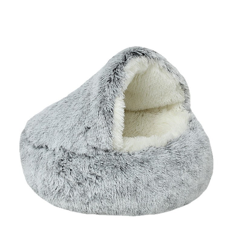 Grey plush pet bed shown from another angle