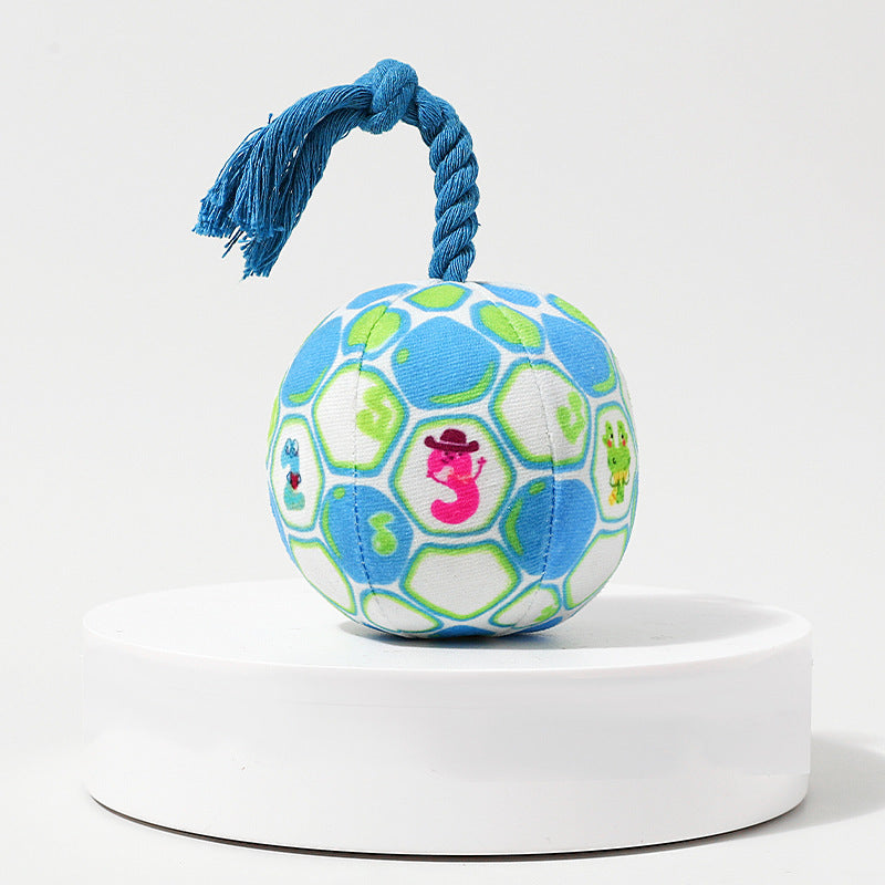 Squeaky plush ball dog toy with knotted rope