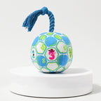 Squeaky plush ball dog toy with knotted rope