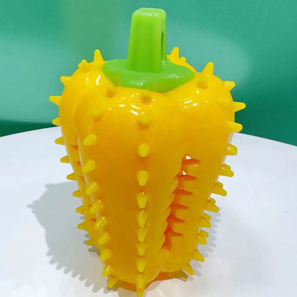 Chili-shaped dog chew toy, close up view
