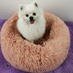 Round plush pet bed shown in navy blue
