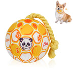 Plush ball dog toy showing stitched cartoon pattern