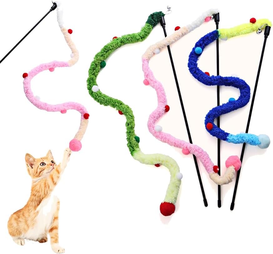 Plush strip cat wand toy with bell