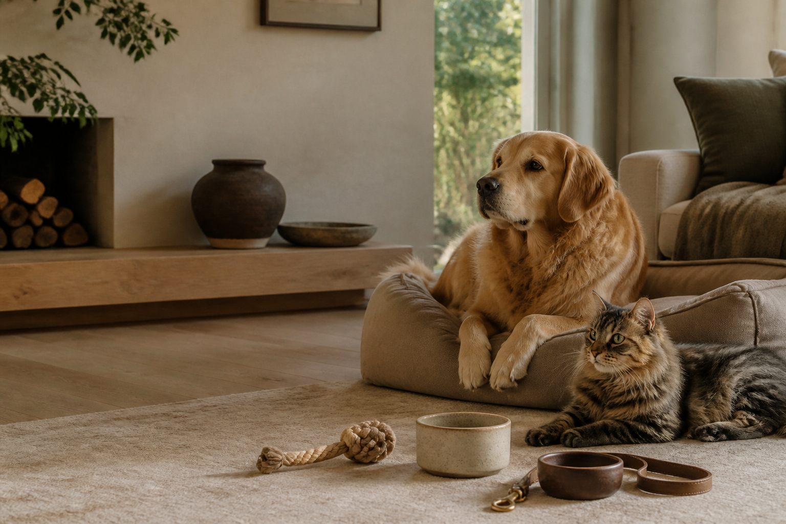 Dog and cat relaxing together in a warm home