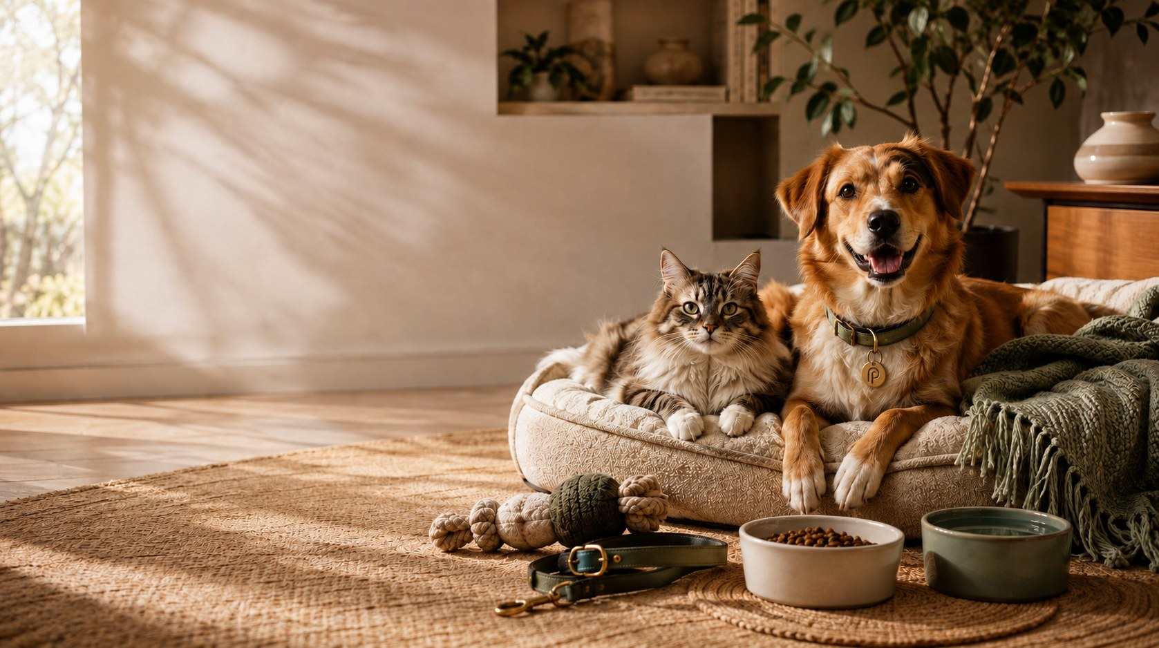 A dog and cat resting together on a cozy pet bed in a warm living room